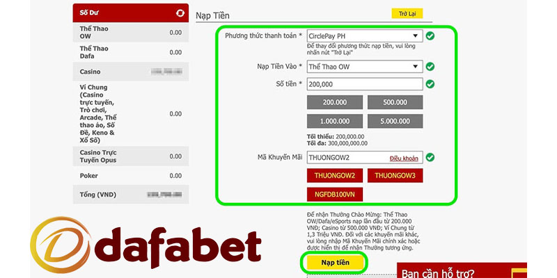 Các bước nạp tiền Dafabet