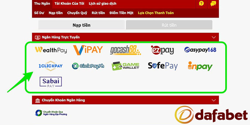 Các phương thức nạp tiền Dafabet